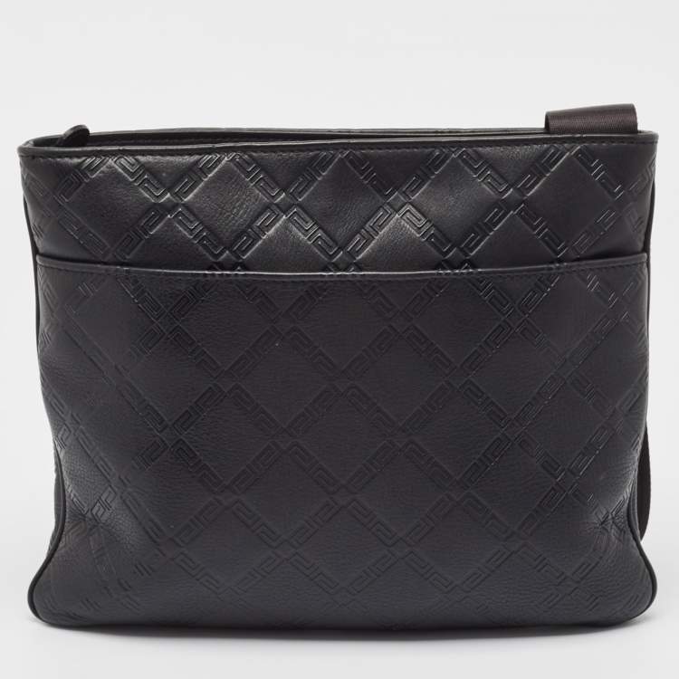 Pre Owned Versace Black Logo Embossed Leather Zip Messenger Bag