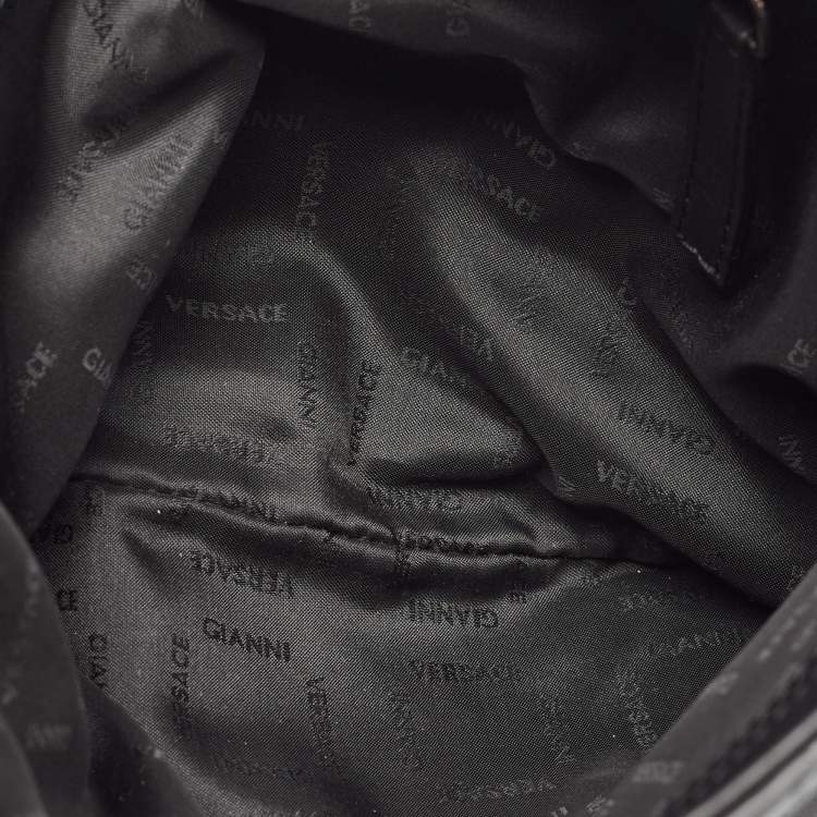 Pre Owned Versace Black Logo Embossed Leather Zip Messenger Bag
