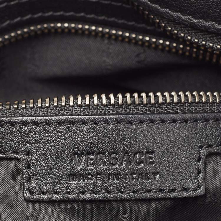 Pre Owned Versace Black Logo Embossed Leather Zip Messenger Bag