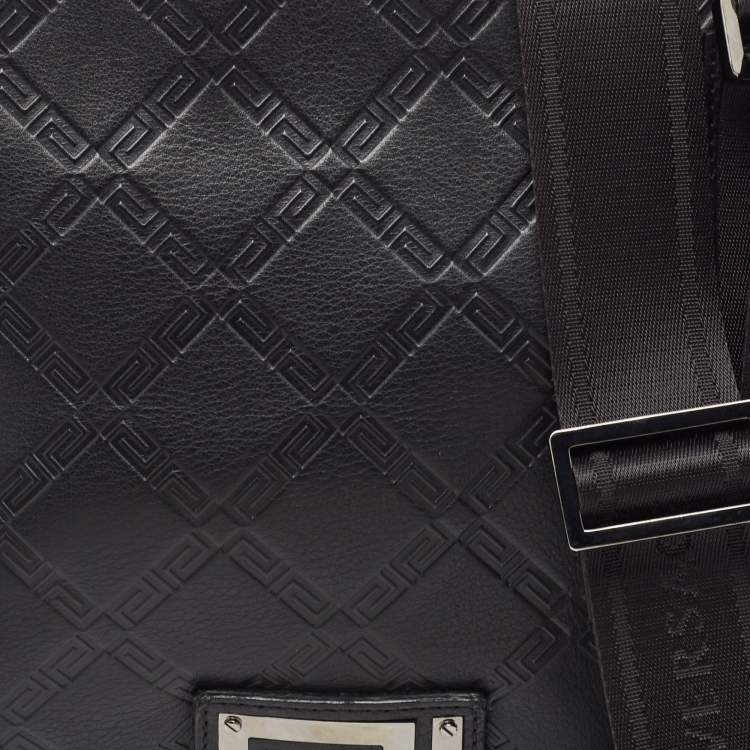 Pre Owned Versace Black Logo Embossed Leather Zip Messenger Bag