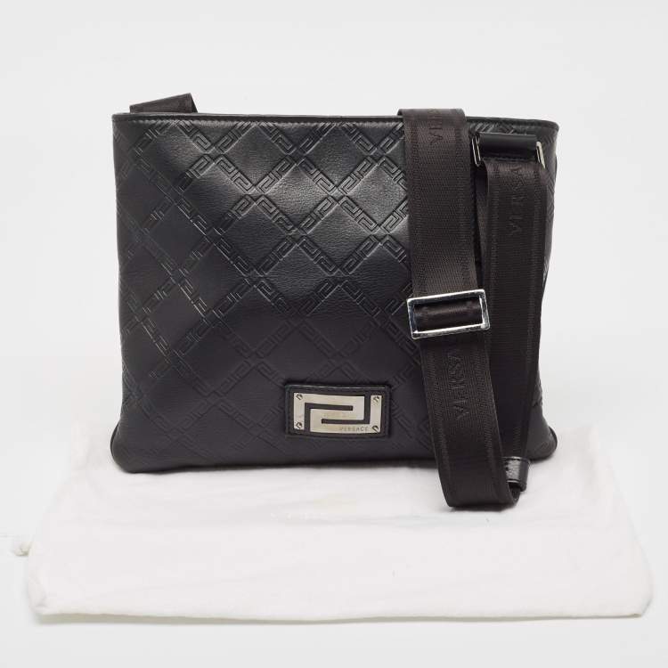 Pre Owned Versace Black Logo Embossed Leather Zip Messenger Bag
