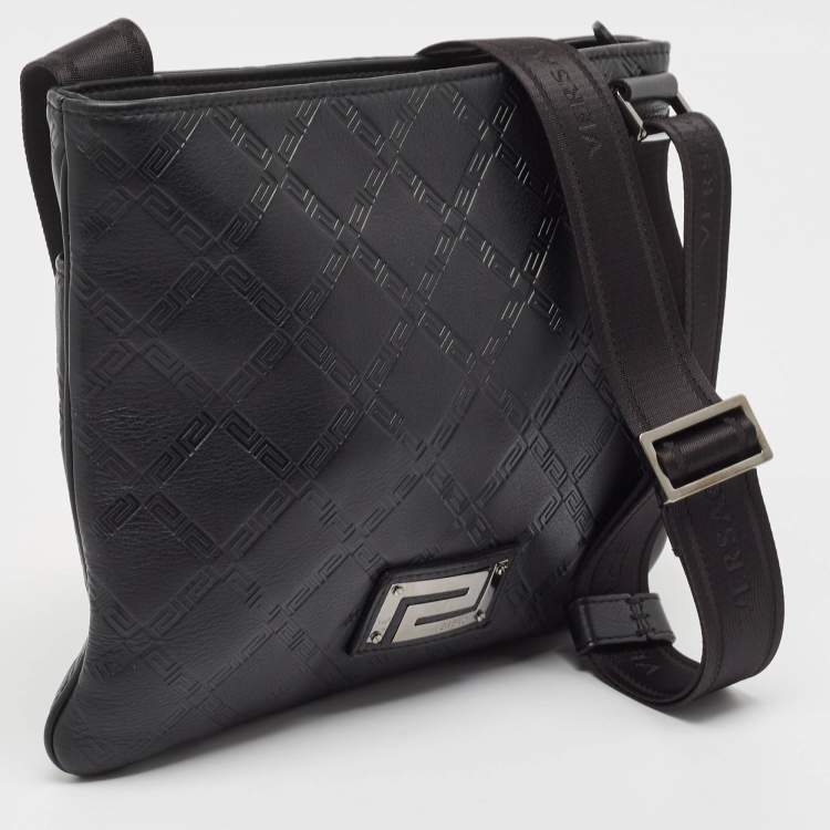 Pre Owned Versace Black Logo Embossed Leather Zip Messenger Bag