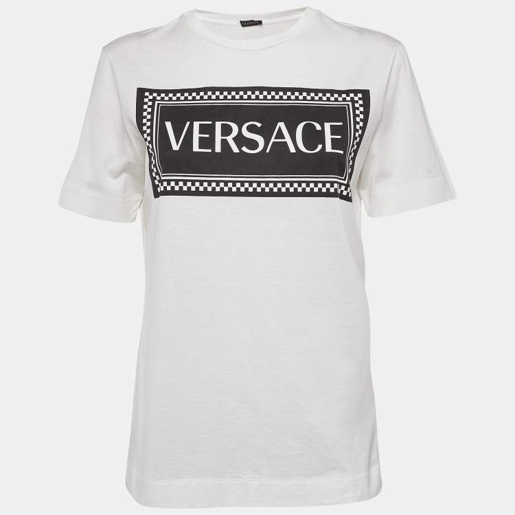 Pre Owned Versace White Logo Print Cotton T-Shirt S
