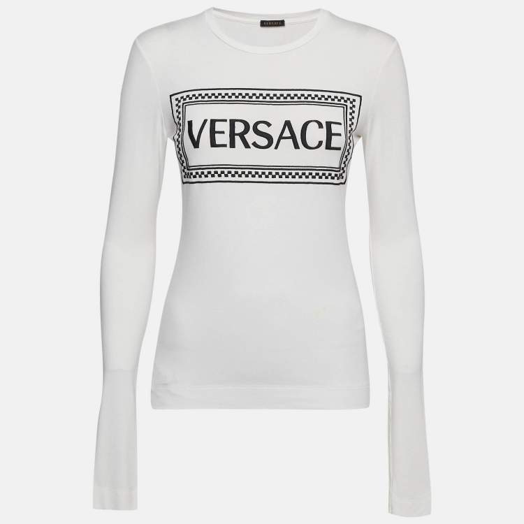 Pre Owned Versace White Logo Print Jersey Long Sleeve T-Shirt M