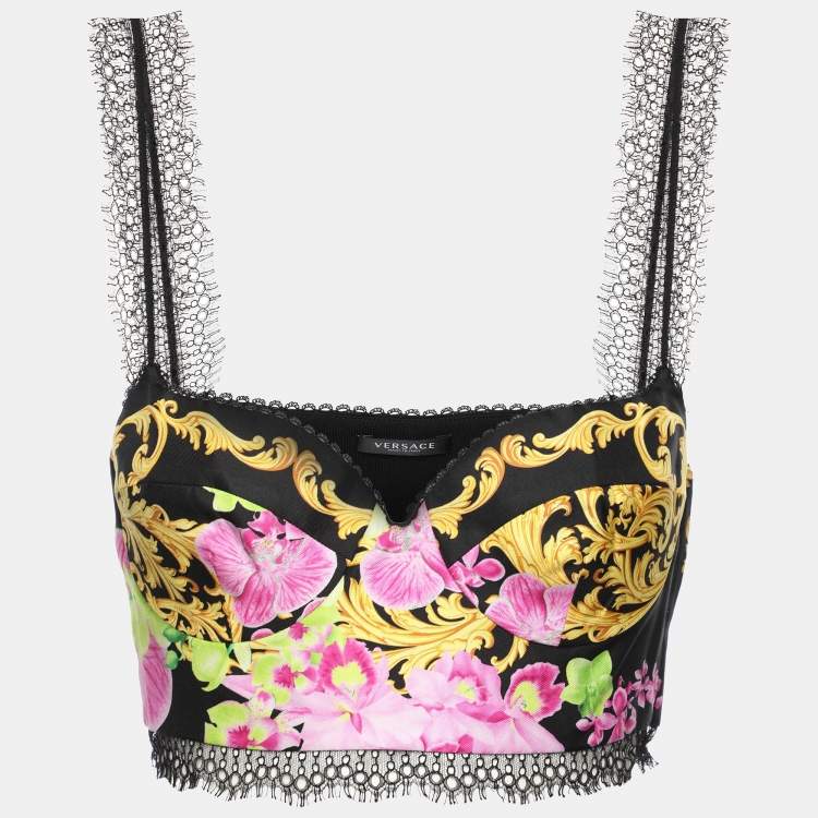 Pre Owned Versace Multicolor Medusa Orchid Print Silk Bustier Crop Top S