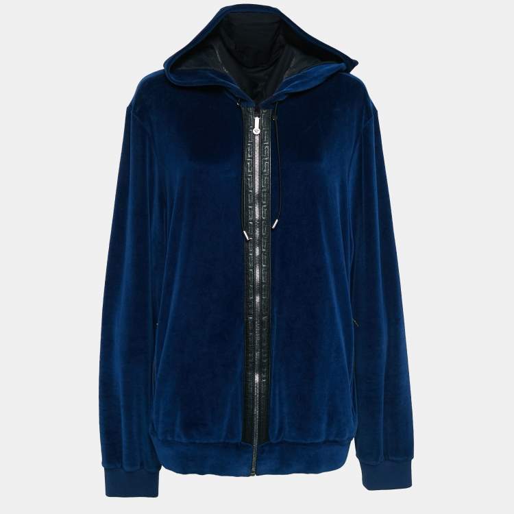 Pre Owned Versace Blue Velvet Medusa Applique Zip Up Hoodie XL