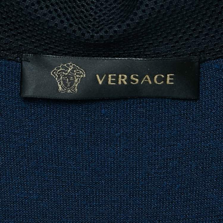Pre Owned Versace Blue Velvet Medusa Applique Zip Up Hoodie XL
