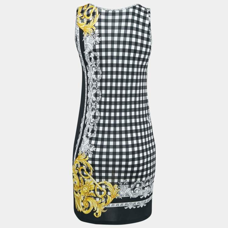 Pre Owned Versace Black Checks and Barocco Print Jersey Bodycon Dress XS