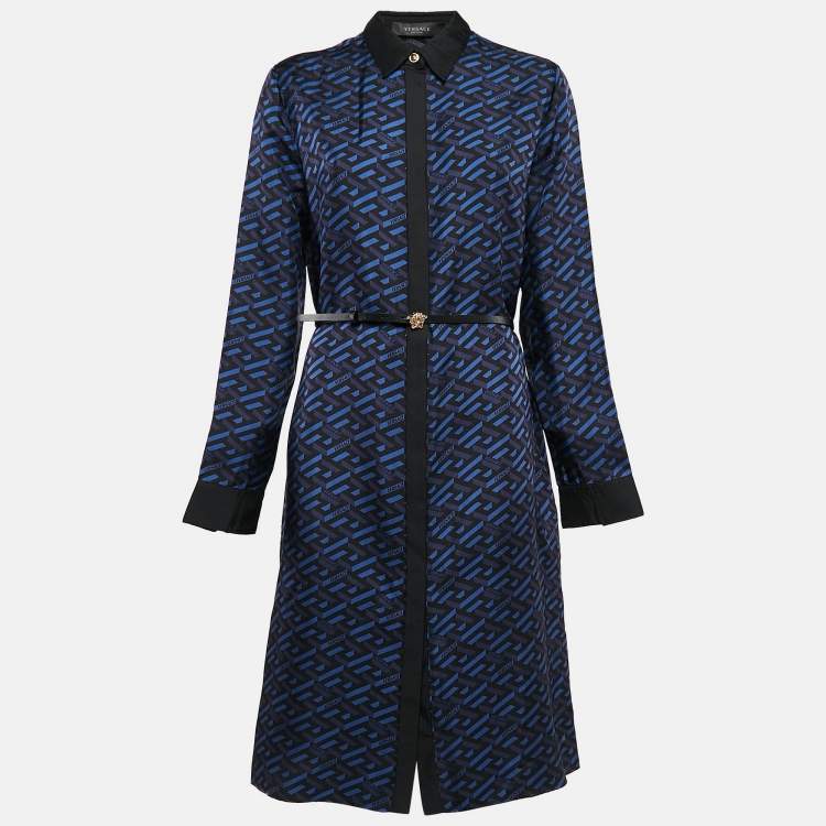مملوكة مسبقًا Versace Blue/Black Geometric Print Silk Belted Shirt Dress M