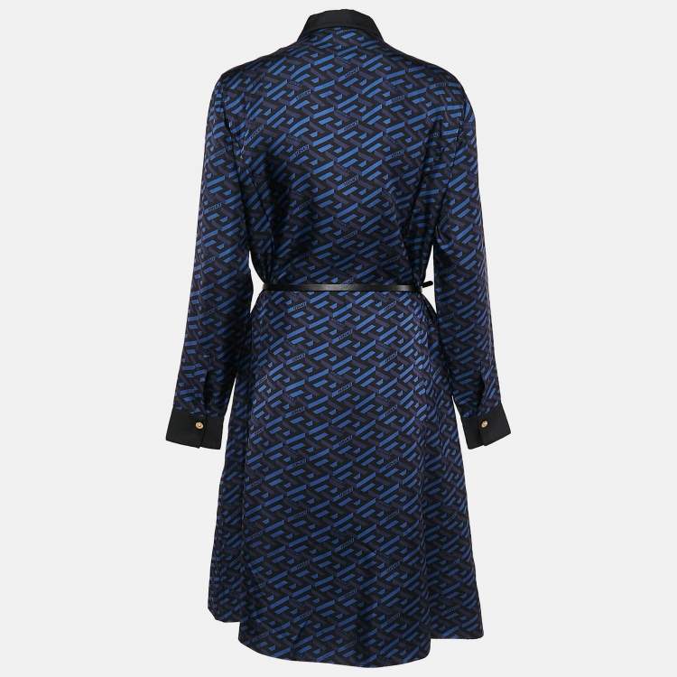 مملوكة مسبقًا Versace Blue/Black Geometric Print Silk Belted Shirt Dress M