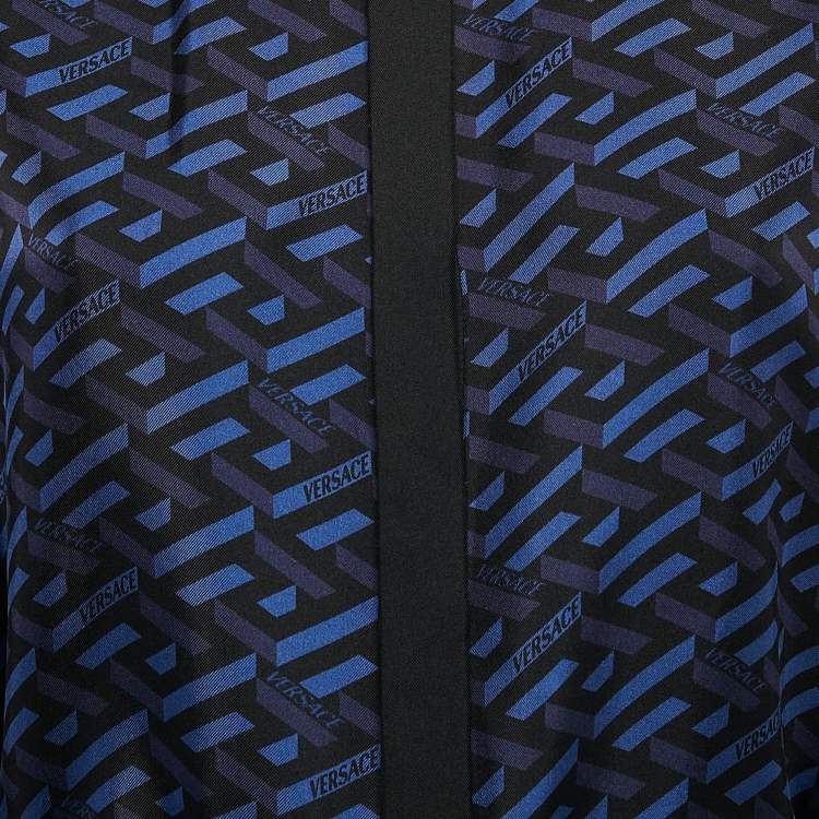 مملوكة مسبقًا Versace Blue/Black Geometric Print Silk Belted Shirt Dress M