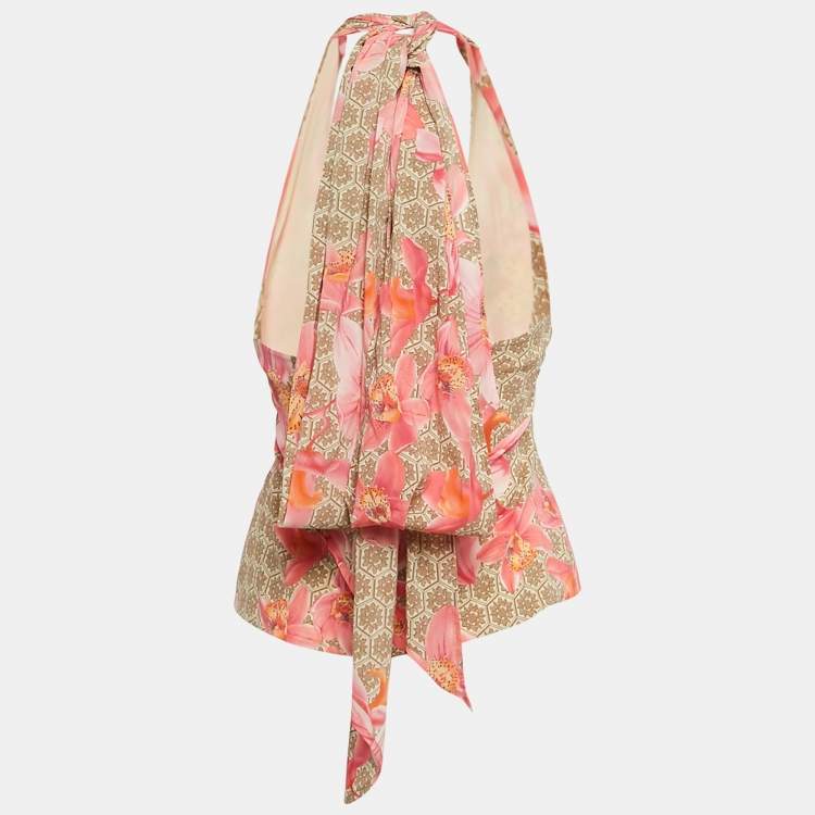 Pre Owned Versace Pink Floral Print Silk Drape Style Halter Neck Top S