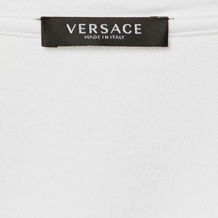 مملوكة مسبقًا Versace White Logo Print Cotton Medusa Gathered Detail T-Shirt S