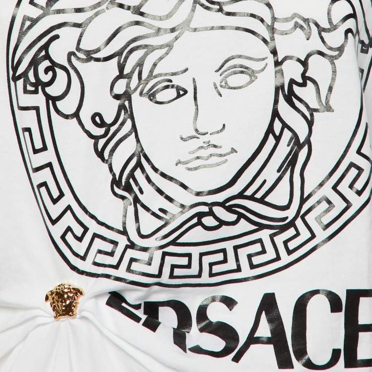 مملوكة مسبقًا Versace White Logo Print Cotton Medusa Gathered Detail T-Shirt S