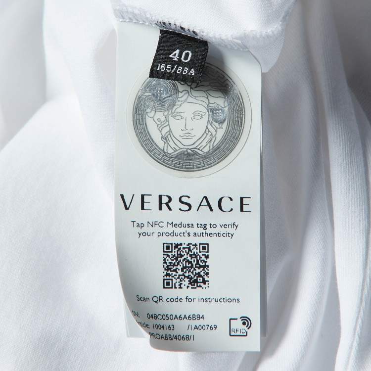 مملوكة مسبقًا Versace White Logo Print Cotton Medusa Gathered Detail T-Shirt S