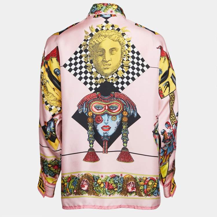 Pre Owned Versace Pink Printed Silk Long Sleeve Skirt S