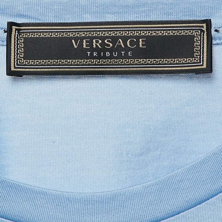 Pre Owned Versace Blue Logo Embroidered Jersey T-Shirt S