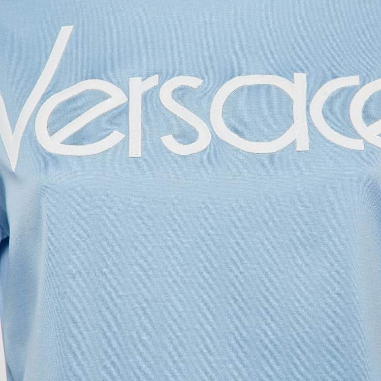 Pre Owned Versace Blue Logo Embroidered Jersey T-Shirt S