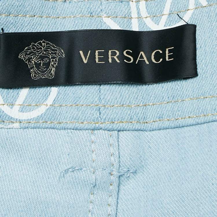 Pre Owned Versace Light Blue Logo All Over Print Denim Skinny Jeans S Waist 27"