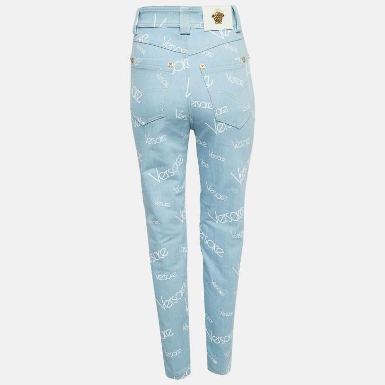 Pre Owned Versace Light Blue Logo All Over Print Denim Skinny Jeans S Waist 27"