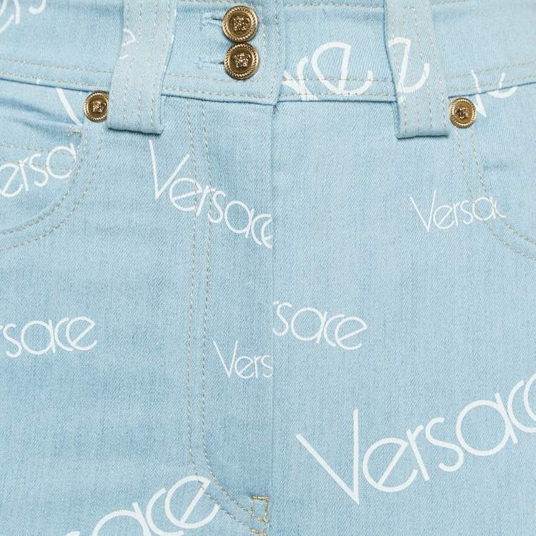 Pre Owned Versace Light Blue Logo All Over Print Denim Skinny Jeans S Waist 27"