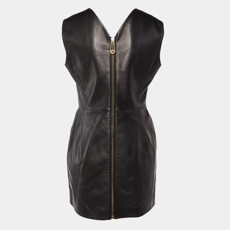 Pre Owned Versace Brown Leather Sleeveless Mini Dress L