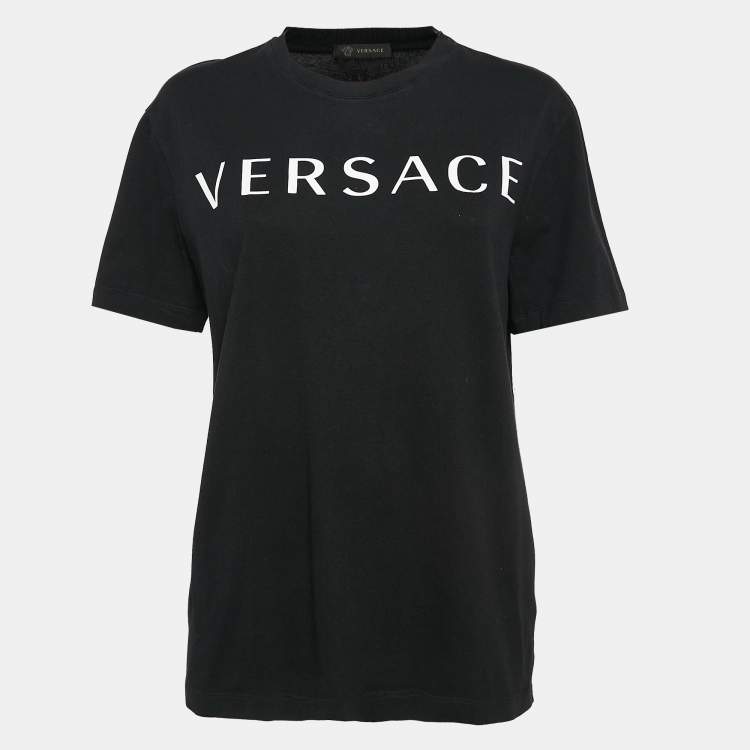 Pre Owned Versace Black Logo Print Cotton T-Shirt M