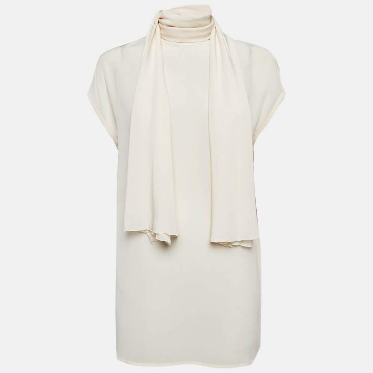 Pre Owned Versace Cream Silk Tie-Up Neck Sleeveless Blouse M