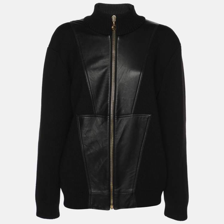 Pre Owned Versace Black Rib Knit and Leather Medusa Jacket XL