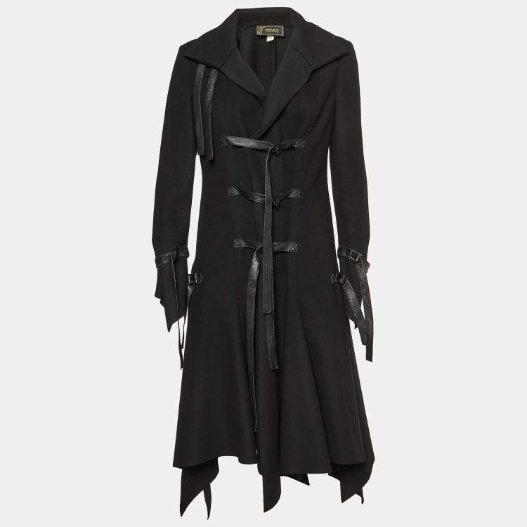 Pre Owned Versace Black Wool Leather Strap Detail Flared Coat M