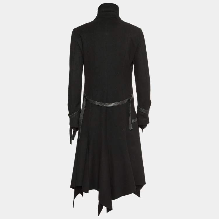 Pre Owned Versace Black Wool Leather Strap Detail Flared Coat M