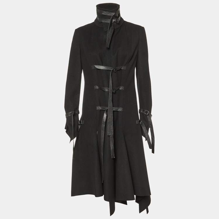 Pre Owned Versace Black Wool Leather Strap Detail Flared Coat M