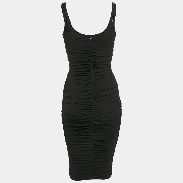 Pre Owned Versace Black Jersey Hook Detail Ruched Knee-Length Dress S