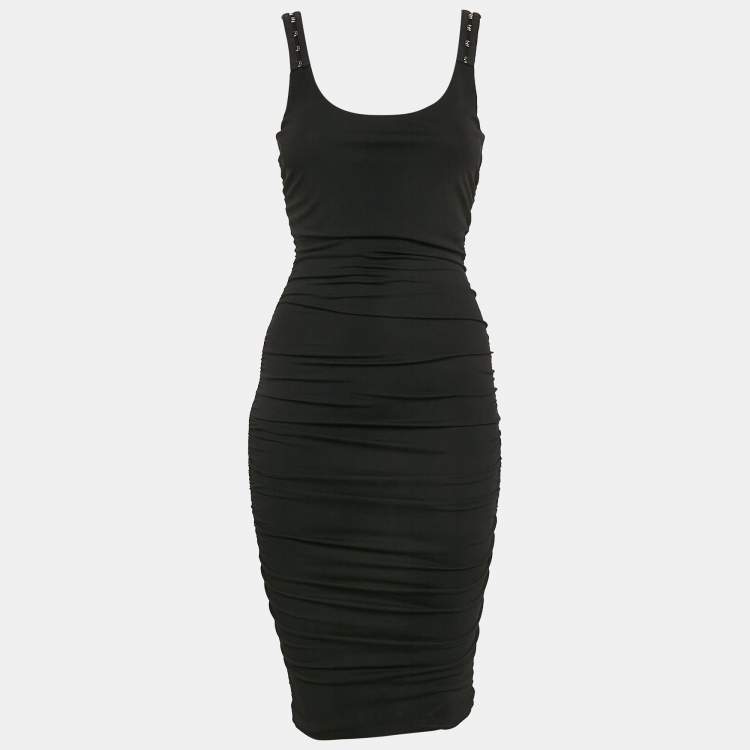 Pre Owned Versace Black Jersey Hook Detail Ruched Knee-Length Dress S