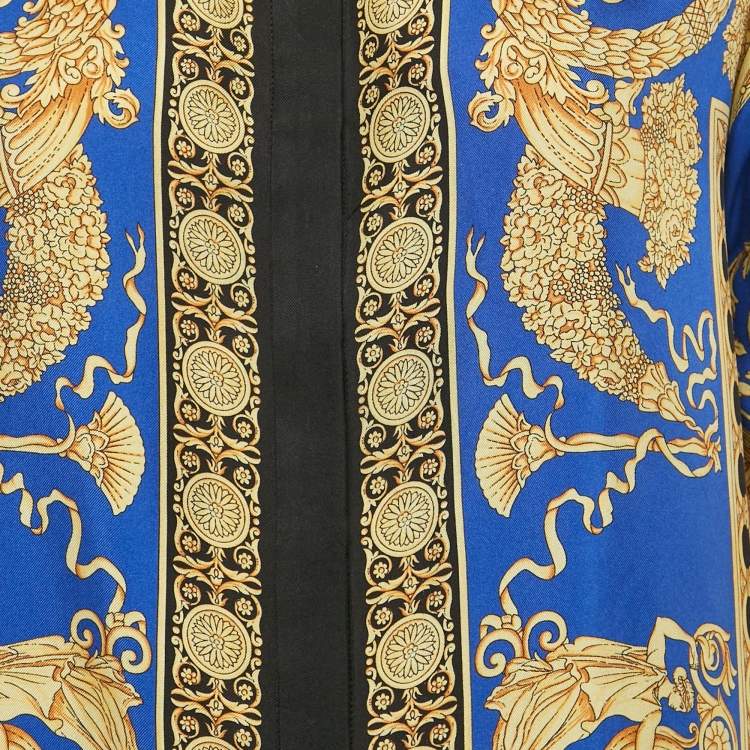 Pre Owned Versace Blue/Yellow Barocco Print Silk Shirt Dress XS