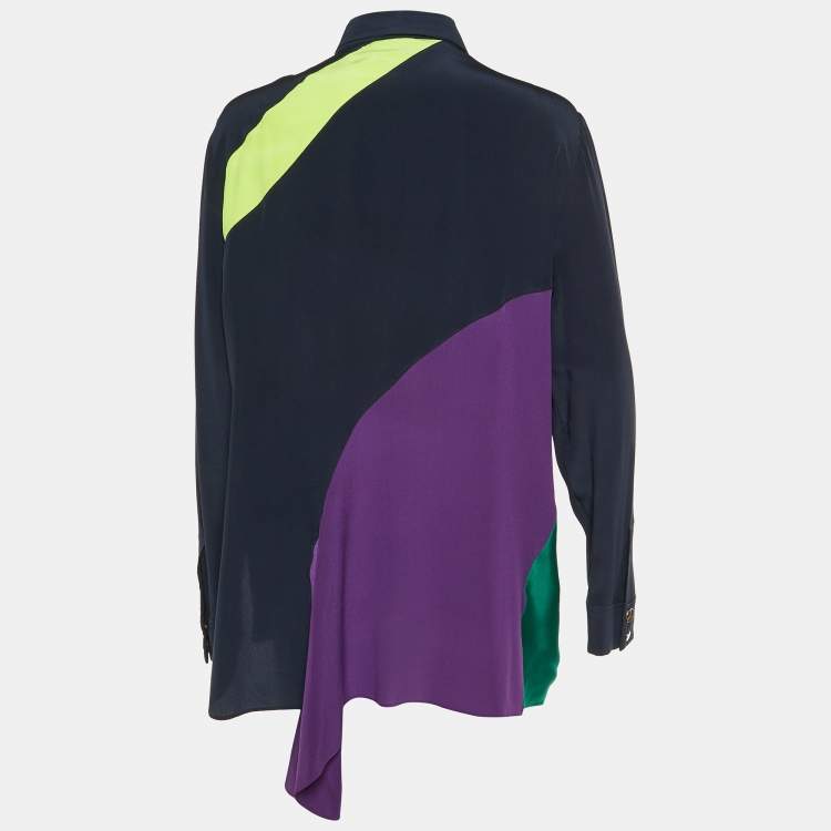 Pre Owned Versace Navy Blue Color Block Silk Asymmetric Shirt L