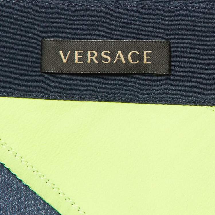 Pre Owned Versace Navy Blue Color Block Silk Asymmetric Shirt L