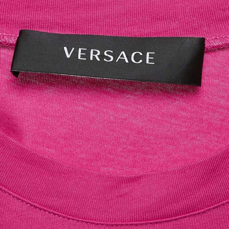 Pre Owned Versace Pink Logo Print Jersey Crew T-Shirt M
