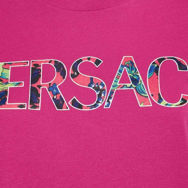 Pre Owned Versace Pink Logo Print Jersey Crew T-Shirt M