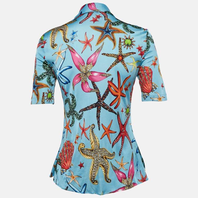 Pre Owned Versace Blue Star Fish Print Jersey Button Front Tresor De La Mer Blouse S