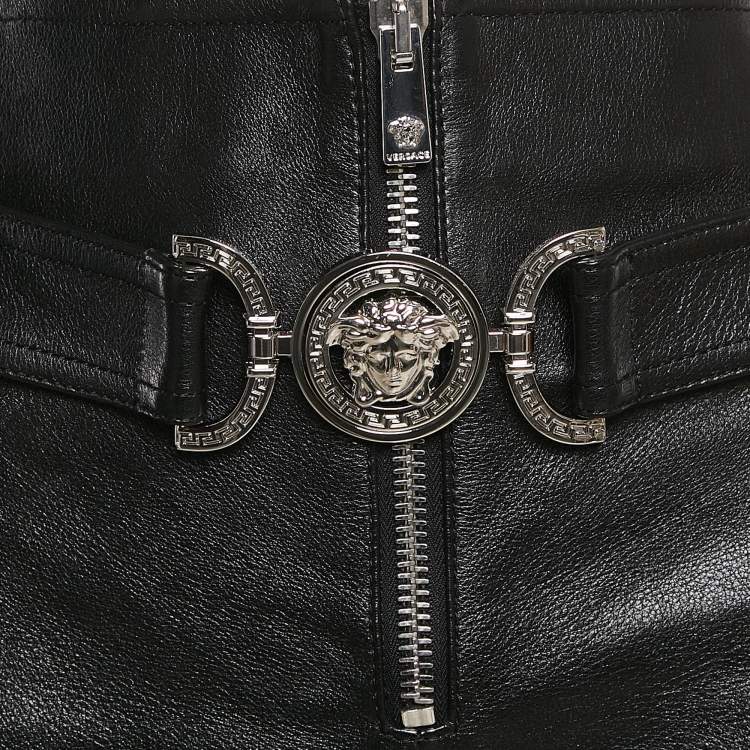 Pre Owned Versace Black Leather Medusa Detail Belt Mini Skirt S