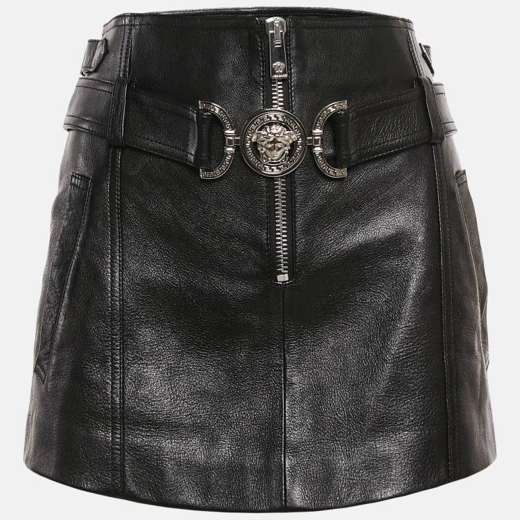 Pre Owned Versace Black Leather Medusa Detail Belt Mini Skirt S