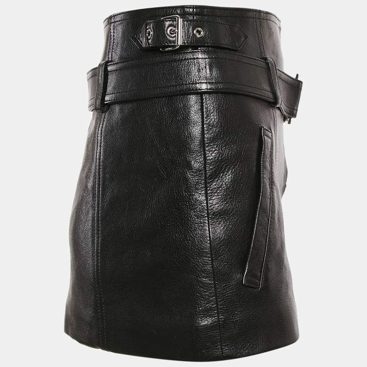 Pre Owned Versace Black Leather Medusa Detail Belt Mini Skirt S