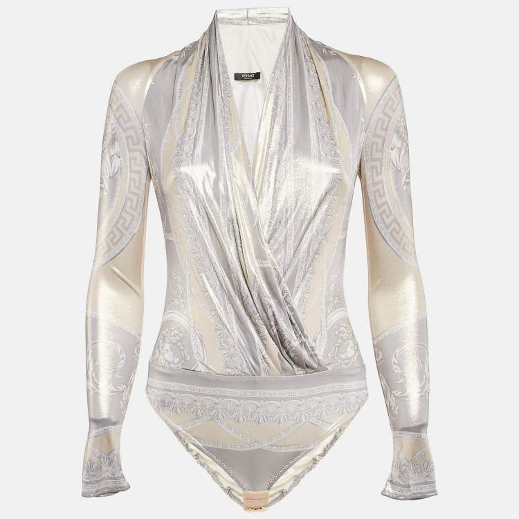 Pre Owned Versace Gold Printed Jersey Bodysuit and Leggings Set XS
