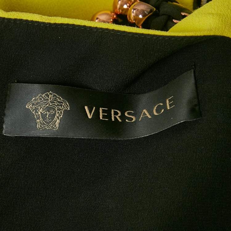 Pre Owned Versace Yellow Printed Silk and Crepe Fit and Flare Dress S