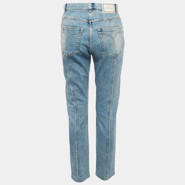Pre Owned Versace Blue Panelled Denim Skinny Jeans S Waist 26"