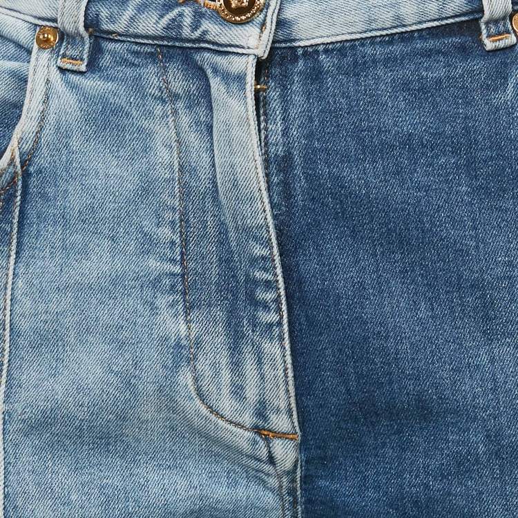 Pre Owned Versace Blue Panelled Denim Skinny Jeans S Waist 26"