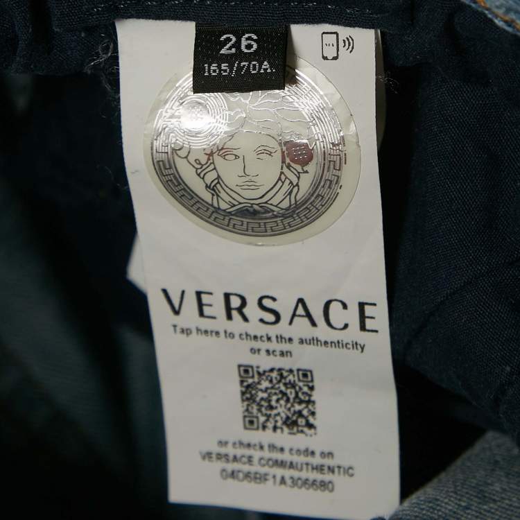 Pre Owned Versace Blue Panelled Denim Skinny Jeans S Waist 26"