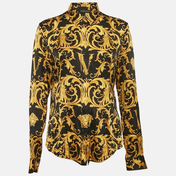 مملوكة مسبقًا Versace Black/Yellow Barocco Print Satin Silk Shirt M
