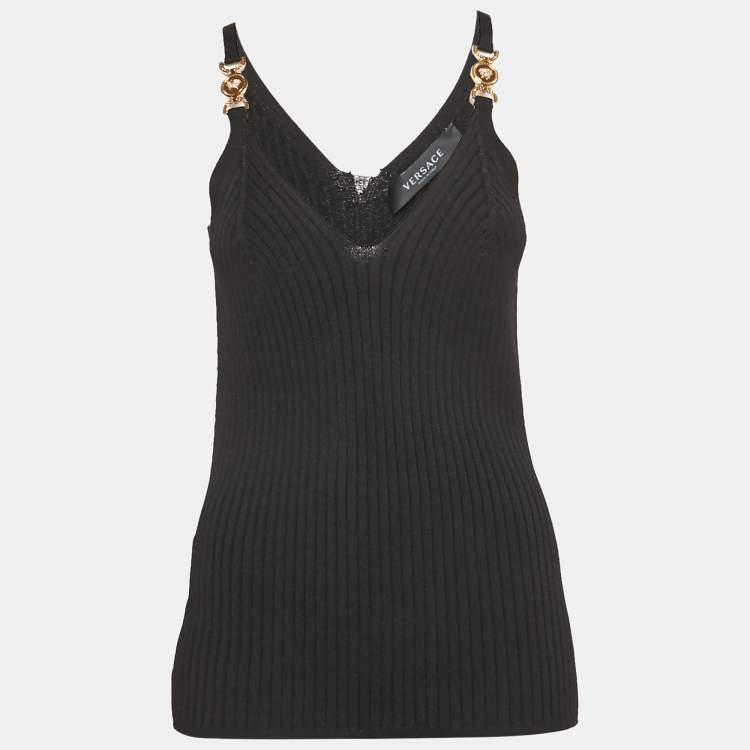 Pre Owned Versace Black Rib Knit Medusa Detail Tank Top L